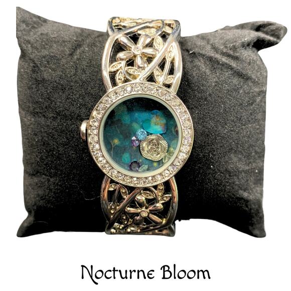 Nocturne Bloom– Upcycled Watch Bracelet with Silver Rose - Picture 1 of 8